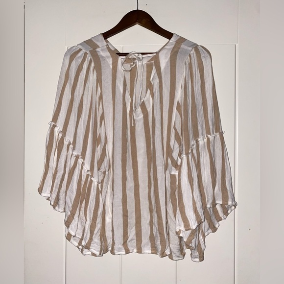 Maurice’s Stripe Peasant‎ Blouse Flutter Sleeve Khaki Beige Women XL Office Work - Picture 8 of 9